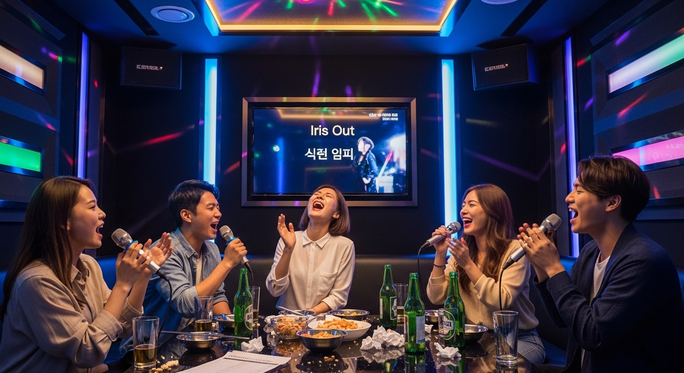 현대적 노래방에서 친구들과 '아이리스 아웃'을 부르는 즐거운 모습