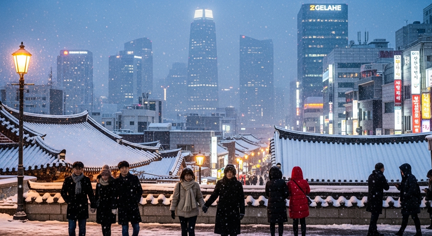 눈 내리는 겨울 도시 풍경과 사람들의 일상