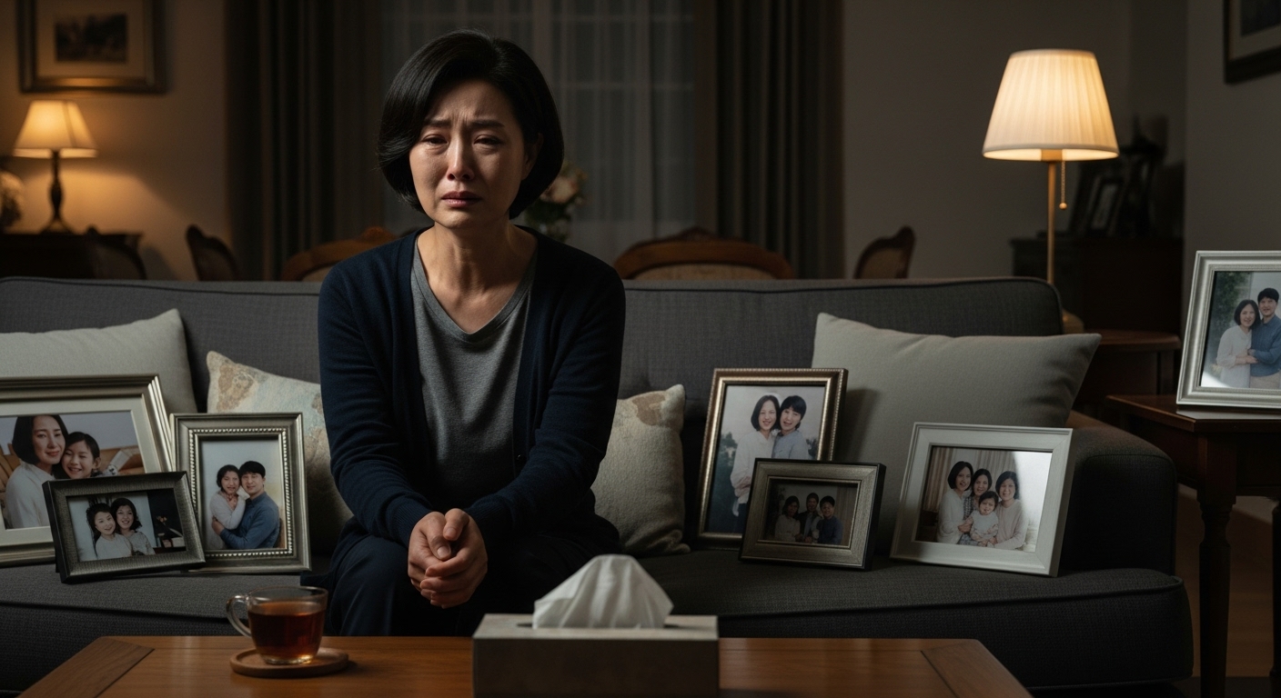 어두운 거실에서 눈물을 흘리며 홀로 앉아있는 여성과 주변에 흩어진 가족사진들