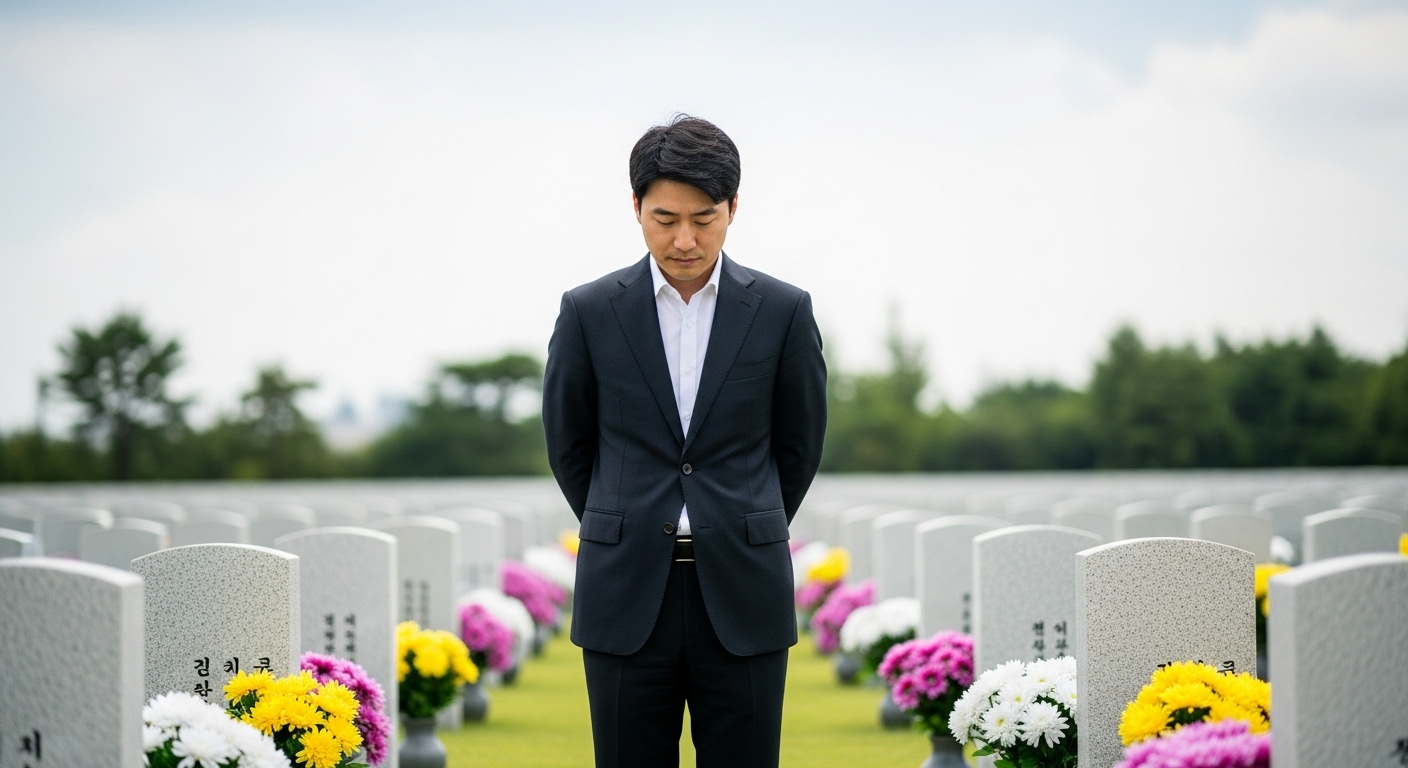 광주 국립 5·18 민주묘지 앞에 서 있는 한국 남성의 엄숙한 모습
