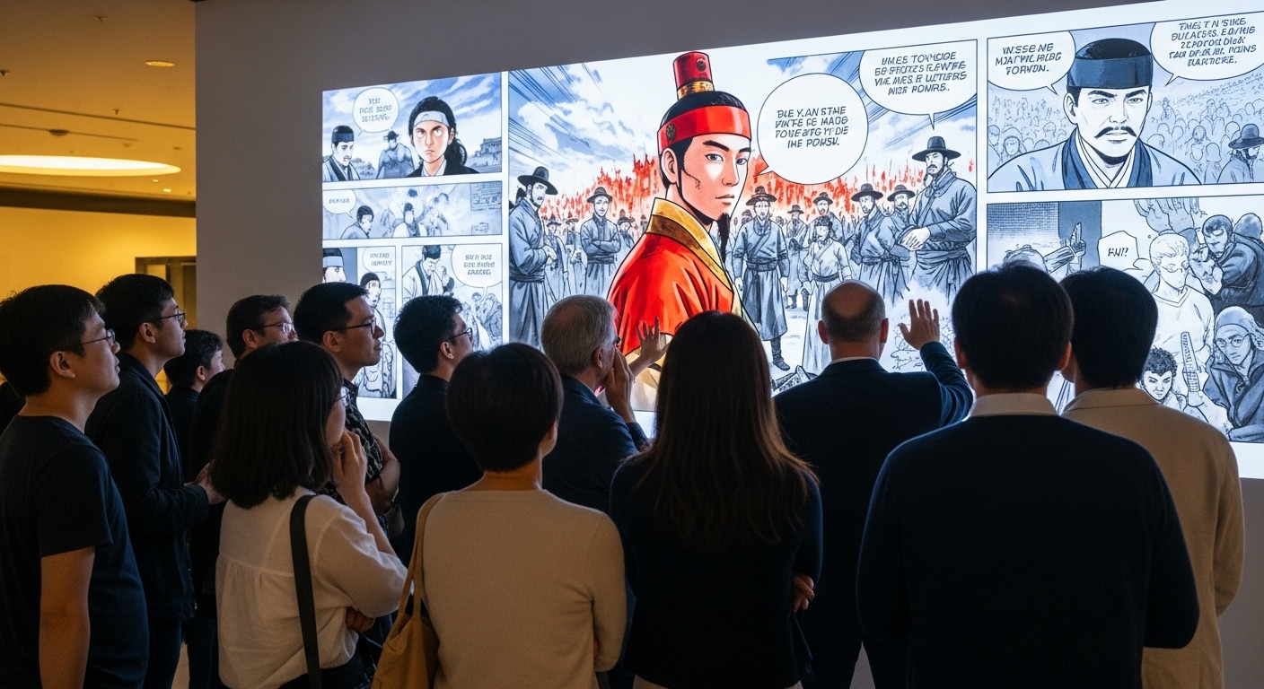 역사적 사건을 다룬 웹툰을 보고 있는 다양한 사람들의 모임