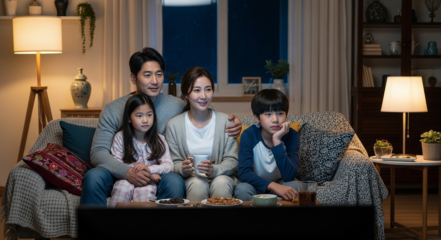가족이 거실에서 밤에 함께 TV를 시청하는 따뜻한 분위기