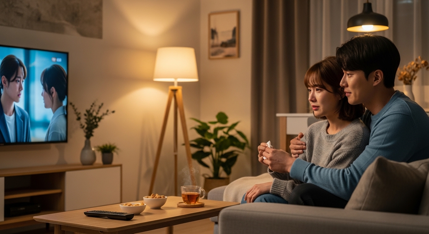 현대적 커플이 따뜻한 거실에서 로맨스 드라마를 시청하며 감정적으로 반응하는 장면