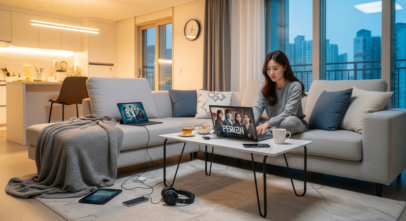 현대 아파트에서 노트북으로 드라마를 스트리밍하는 여성의 모습