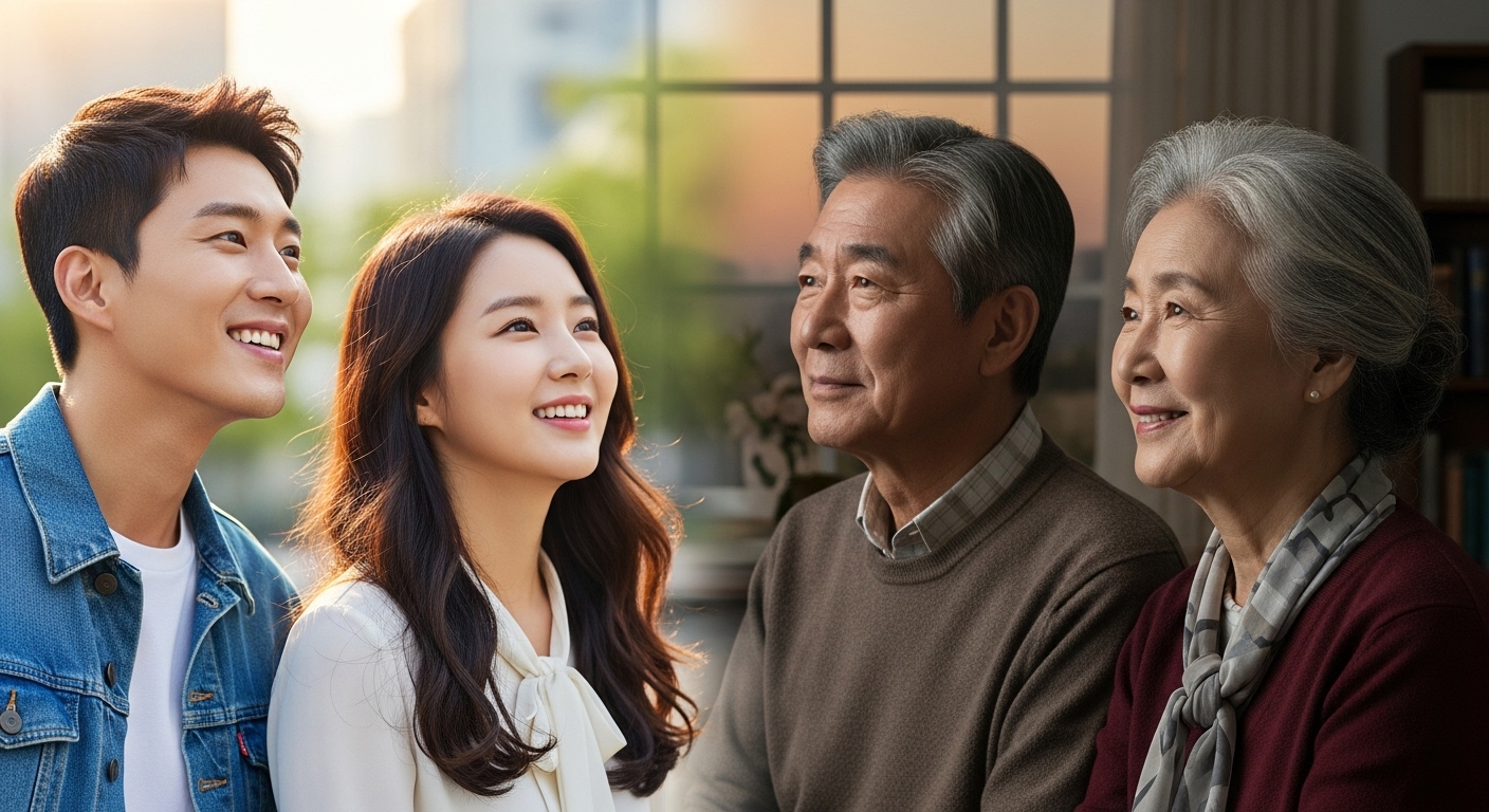 다른 나이대의 남녀가 화면을 나누어 시간 속에서 서로 교감하는 장면