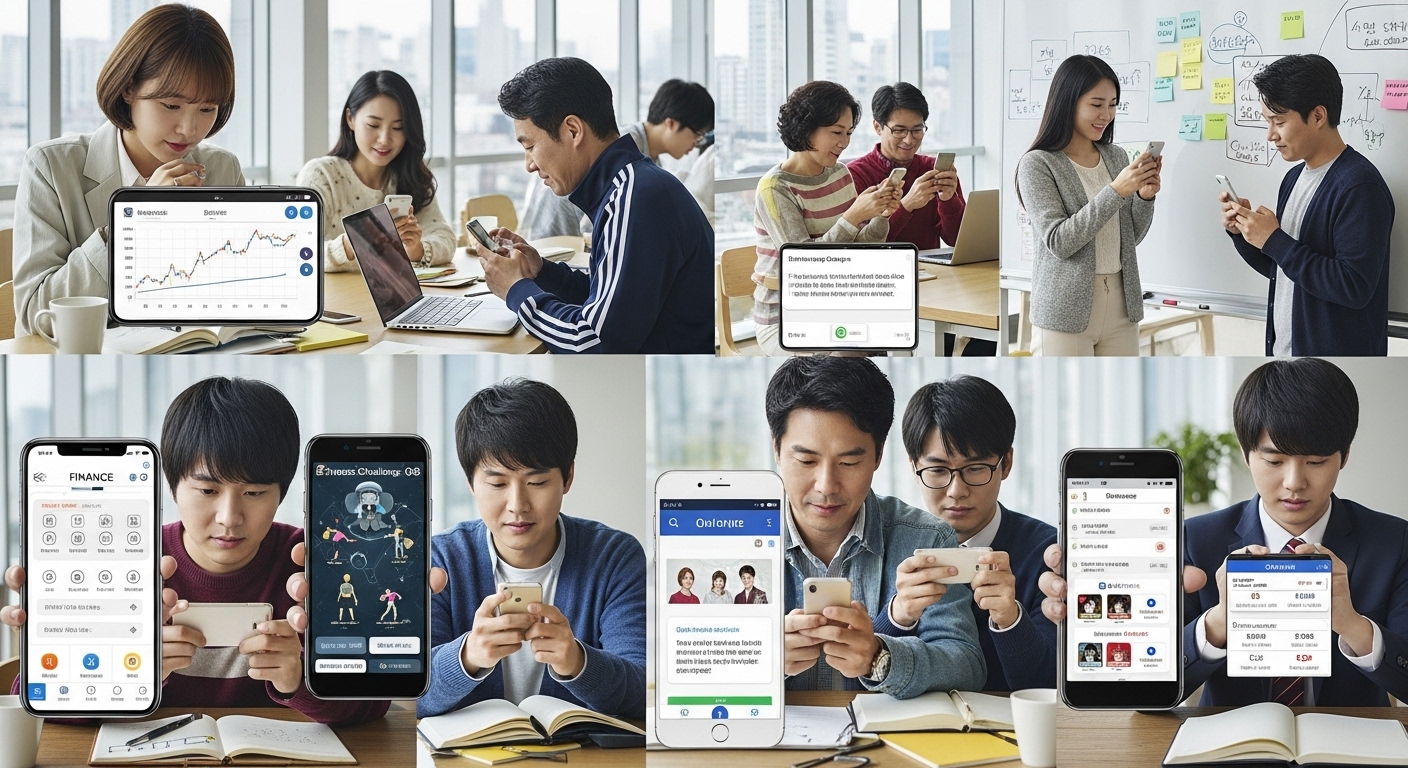 여러 가지 퀴즈에 참여하는 다양한 한국인들의 모습