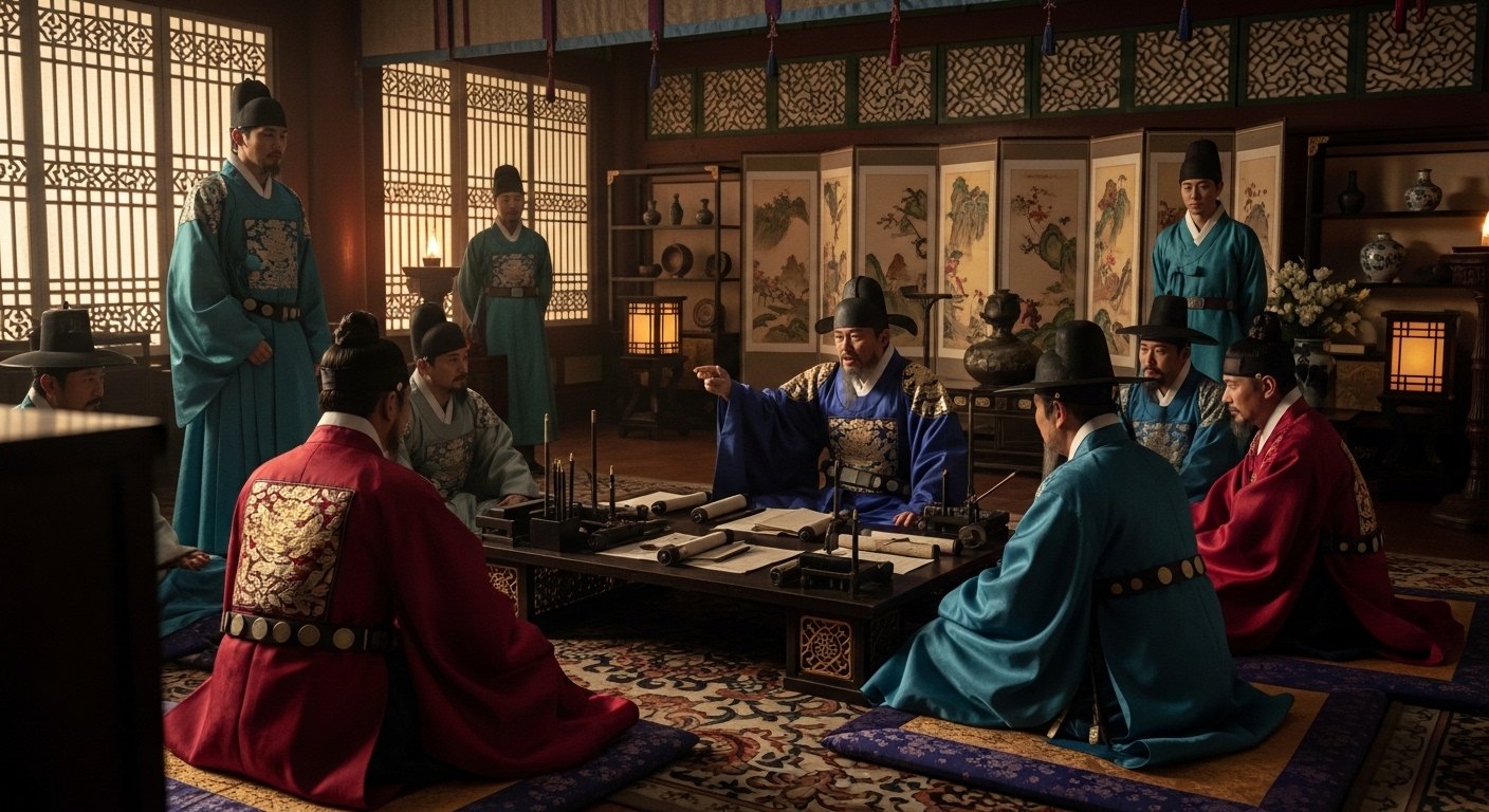 화려한 홀에서 정치 논의를 하는 조선 후기 귀족 가문의 모습
