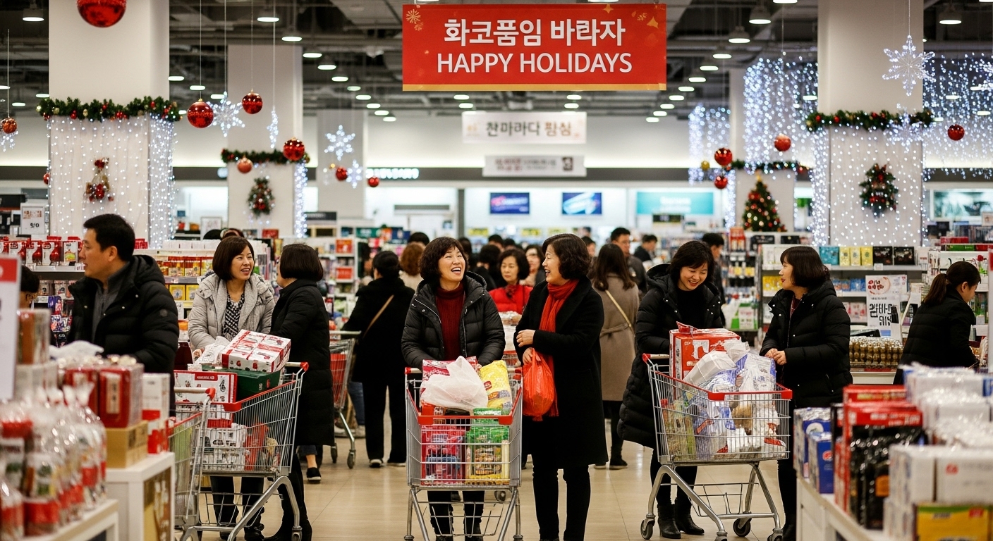현대적인 매장에서 바쁘게 쇼핑하는 사람들, 연말 장식과 가득 찬 쇼핑 카트