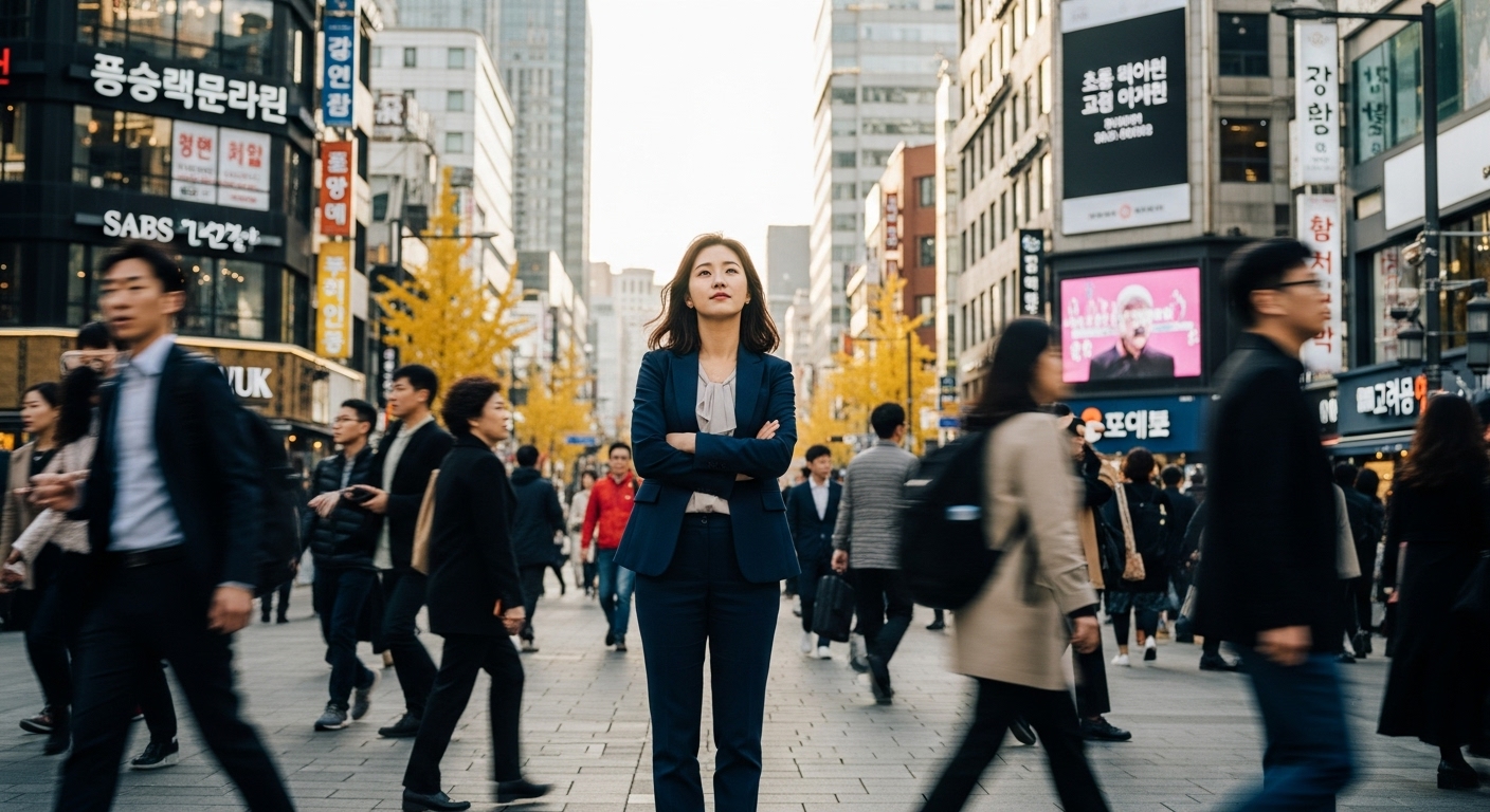 서울 거리에서 변화를 느끼며 서 있는 한국 비즈니스 여성
