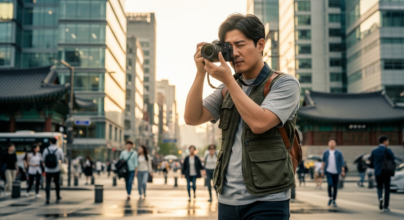 도심 속에서 휴대성을 강조하며 촬영하는 한국 사진작가