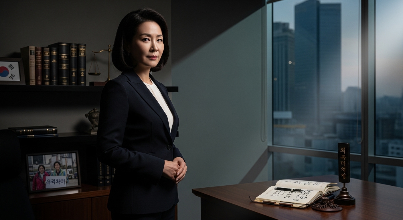 현대적인 사무실에서 자신감 있게 서 있는 신비로운 분위기의 여성