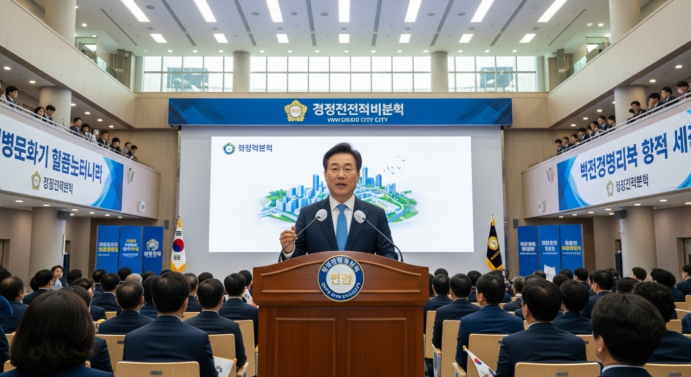 현대식 시청에서 연설 중인 한국 시장, 주변에 정치 배너와 도시 계획도