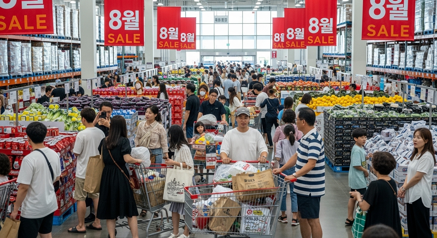 코스트코 매장에서 할인된 상품을 가득 담은 카트를 끌고 있는 한국 쇼핑객들