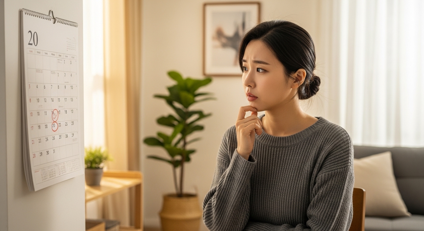 젊은 여성이 아파트에서 달력을 보며 생리가 늦어진 것에 대해 고민하는 모습