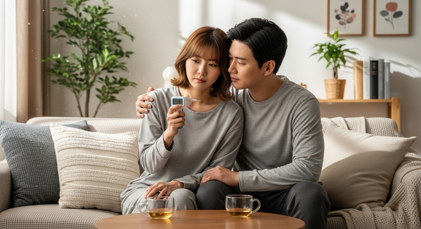 부부가 집에서 체온계를 보고 임신 초기 증상에 대해 이야기하는 장면
