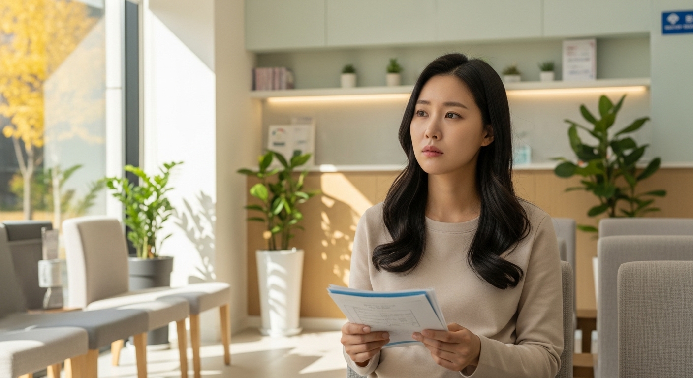 여성 환자가 클리닉 대기실에서 의료 서류를 들고 걱정스러운 표정을 짓고 있는 모습