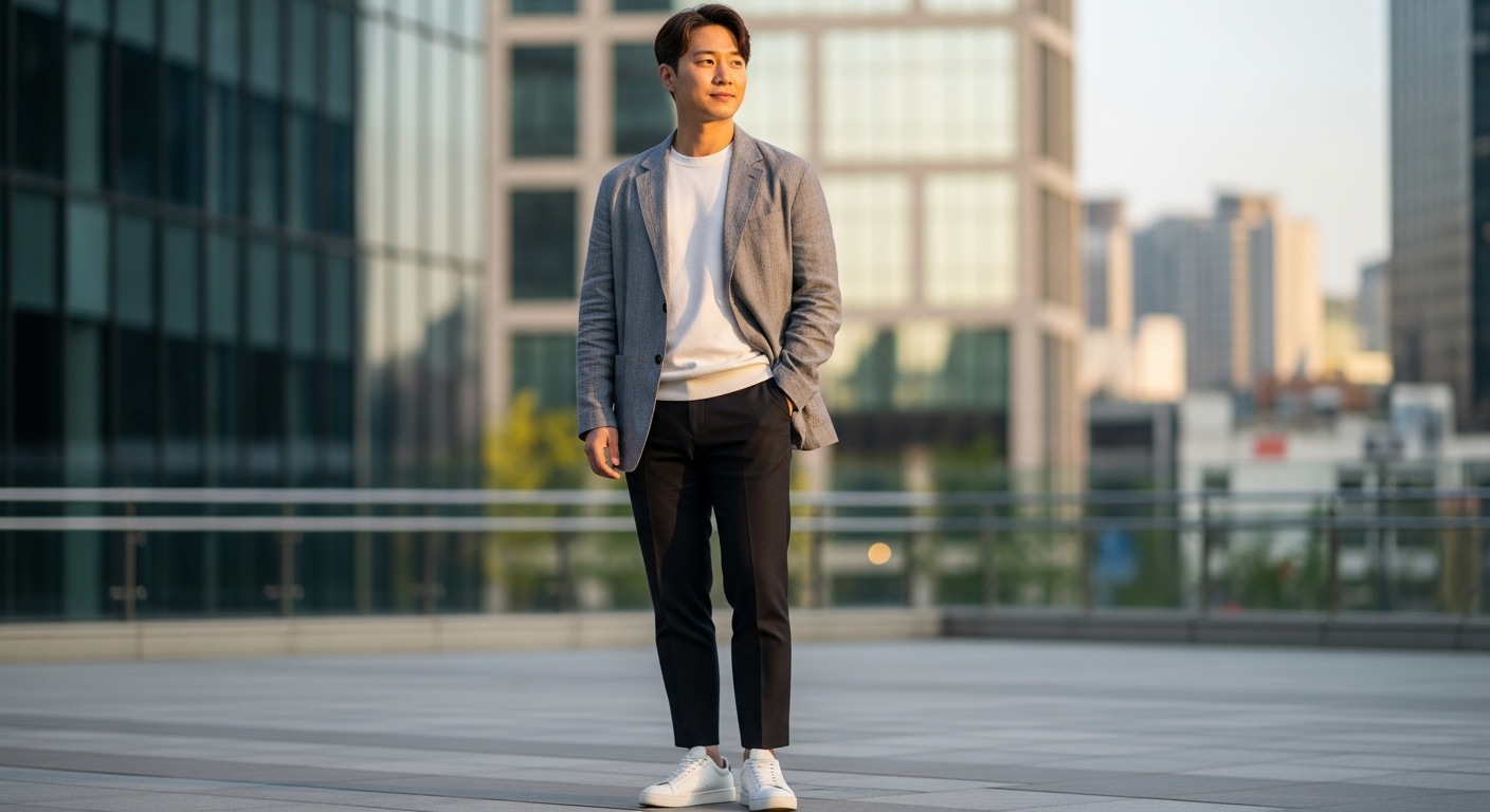 현대적인 도시 환경에서 따뜻한 눈빛과 미소를 지닌 차분한 표정의 남성