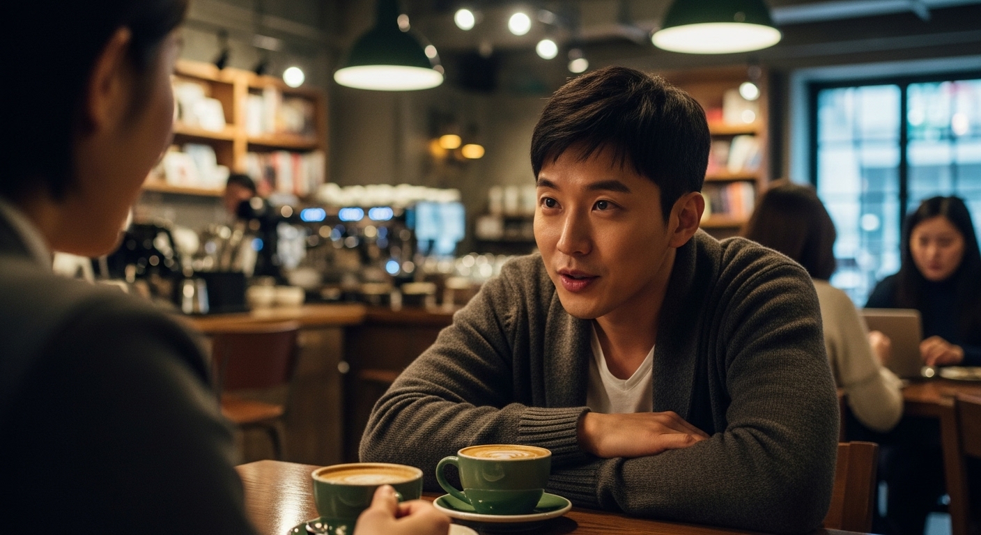 아늑한 카페에서 대화에 집중하는 호기심 많은 한국 남성