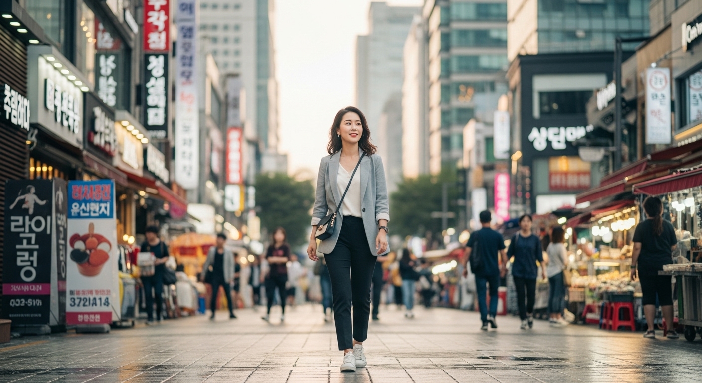 활기차고 긍정적인 기운으로 가득한 젊은 여성이 서울 거리를 걷는 장면