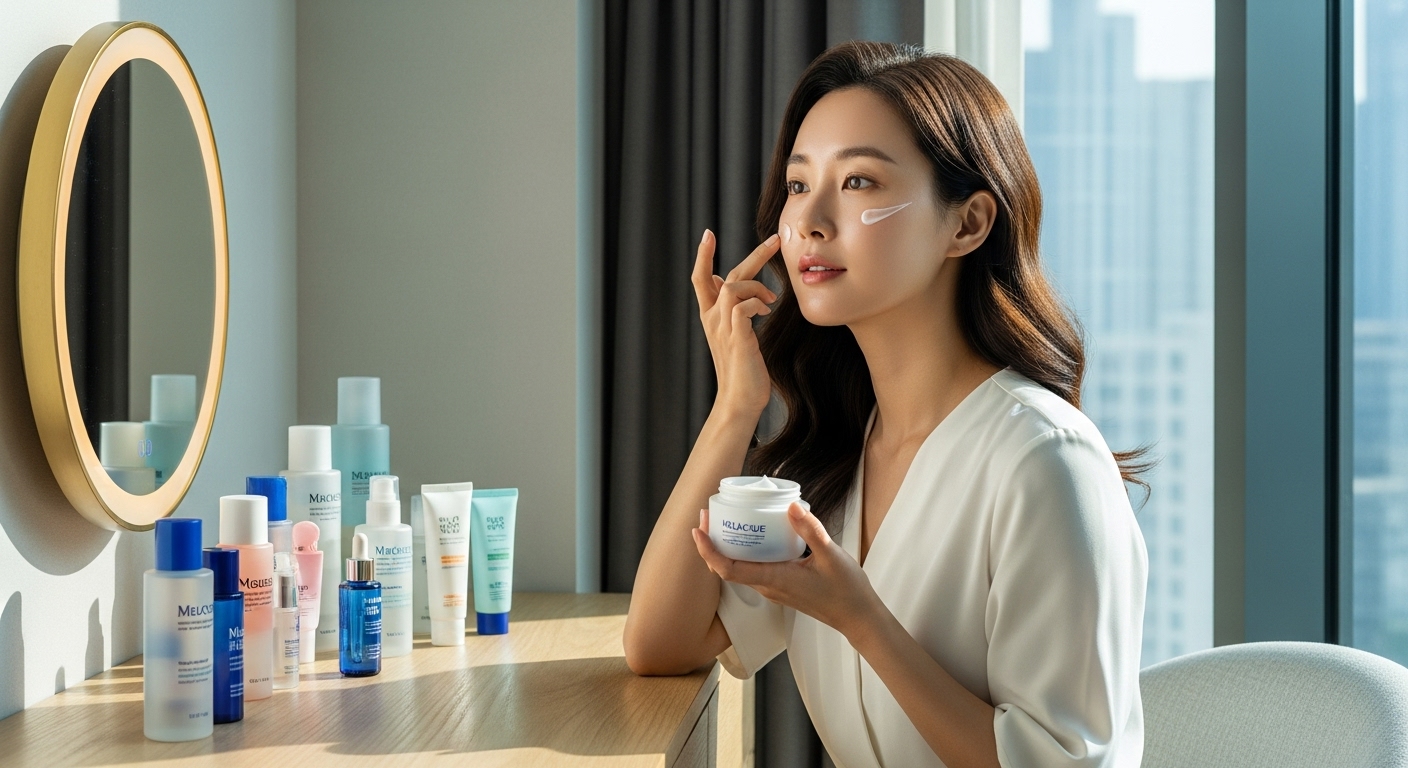 한 여성이 화장대에서 멜라큐 플러스 크림을 얼굴에 바르는 모습