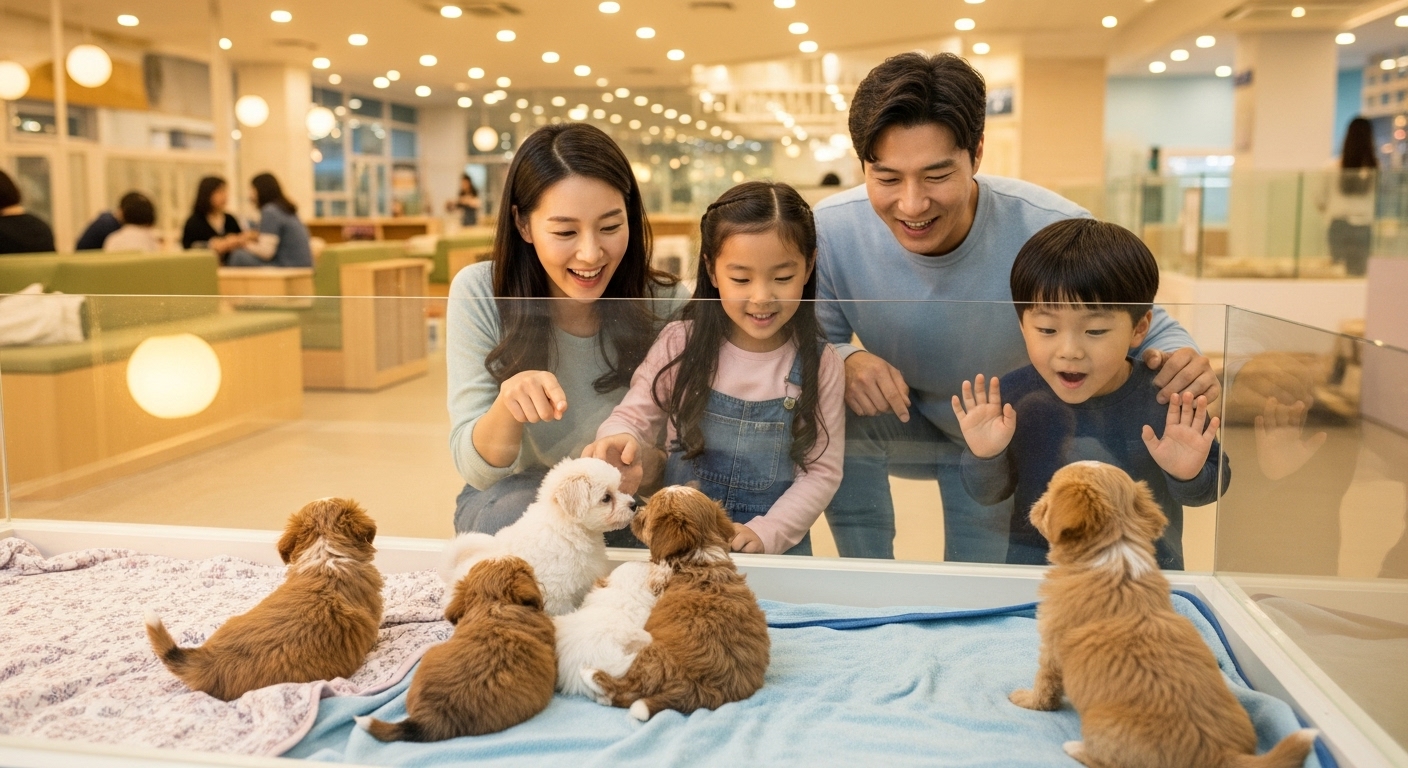 한국 가정이 반려동물 입양 센터에서 귀여운 말티푸 강아지들을 바라보는 장면