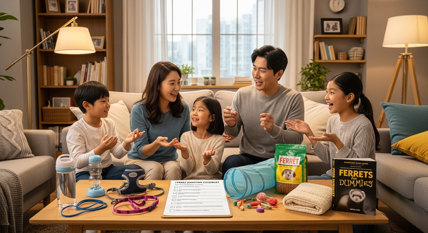 가족들이 거실에서 페럿 입양을 위해 필요한 체크리스트를 검토하며 설레는 모습