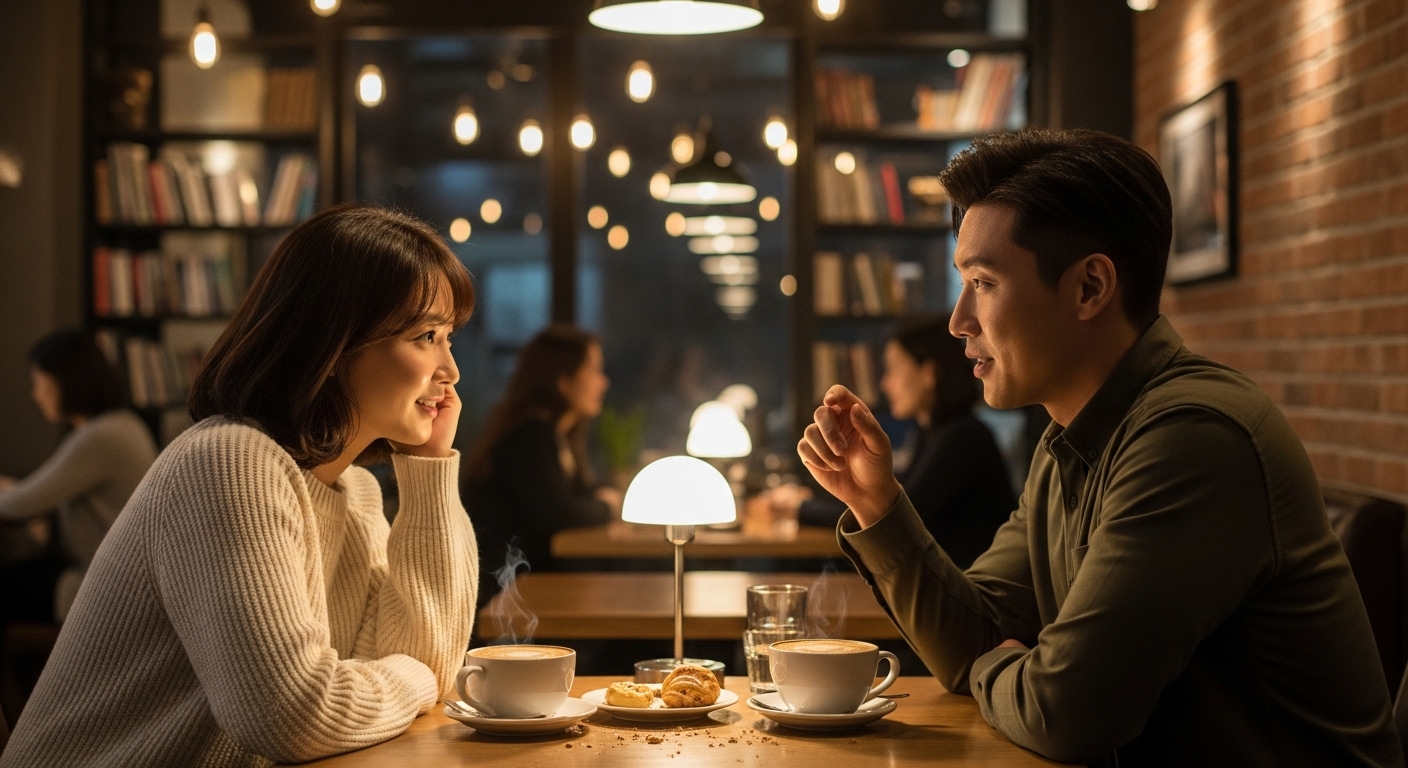 따뜻한 카페에서 진솔한 대화를 나누는 현대 한국 커플