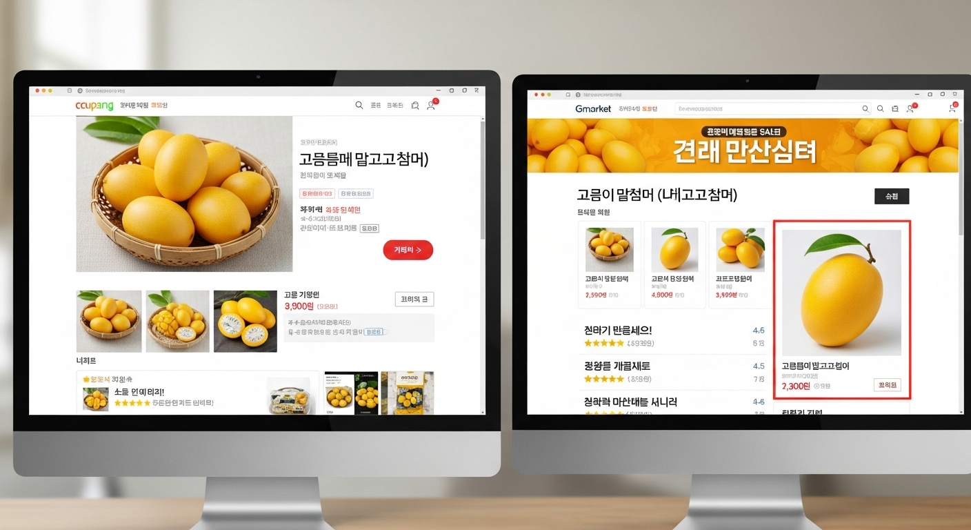 컴퓨터 화면에 망고참외 상품과 고객 리뷰가 표시된 온라인 쇼핑 플랫폼 모습
