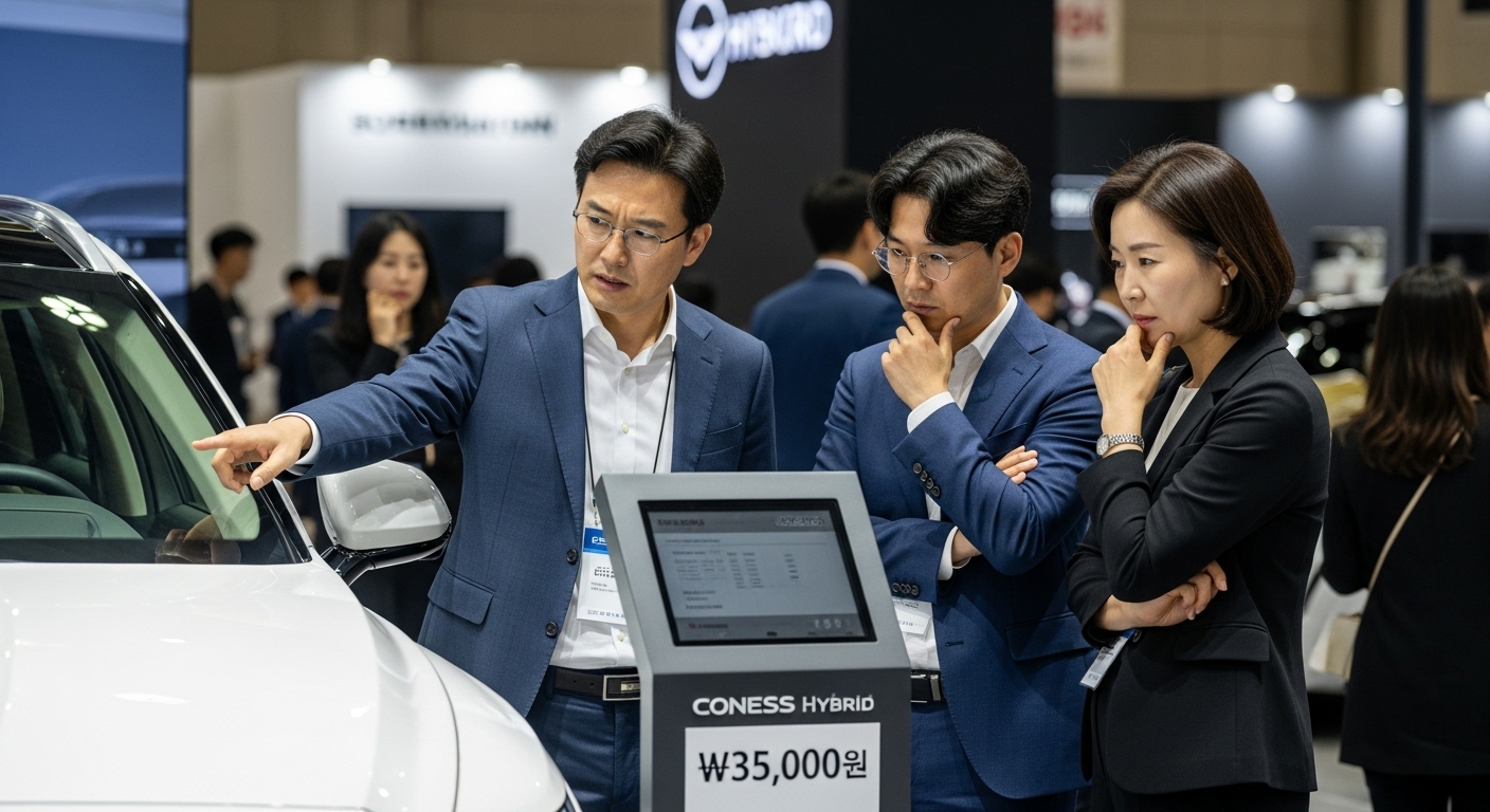 자동차 전시회에서 제네시스 GV80 하이브리드 가격에 대해 이야기하는 사람들