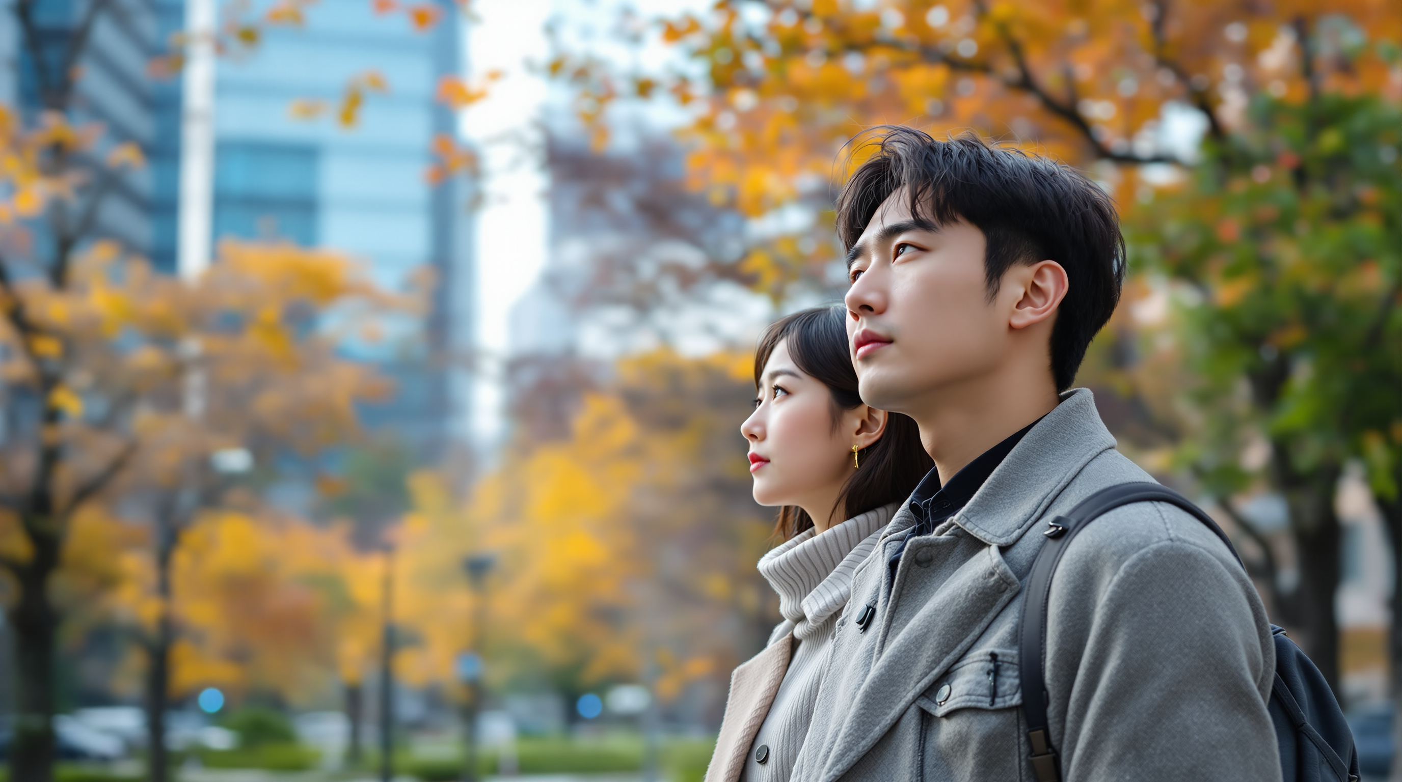 현대 도시 공원에서 삶을 반추하는 남녀의 사색적인 모습