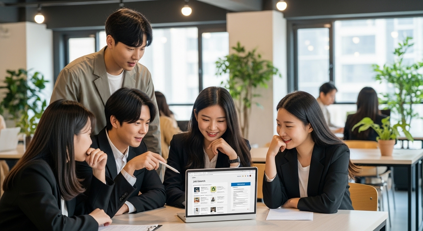 현대적인 코워킹 스페이스에서 노트북을 보며 취업 전략을 논의하는 젊은 직장인들