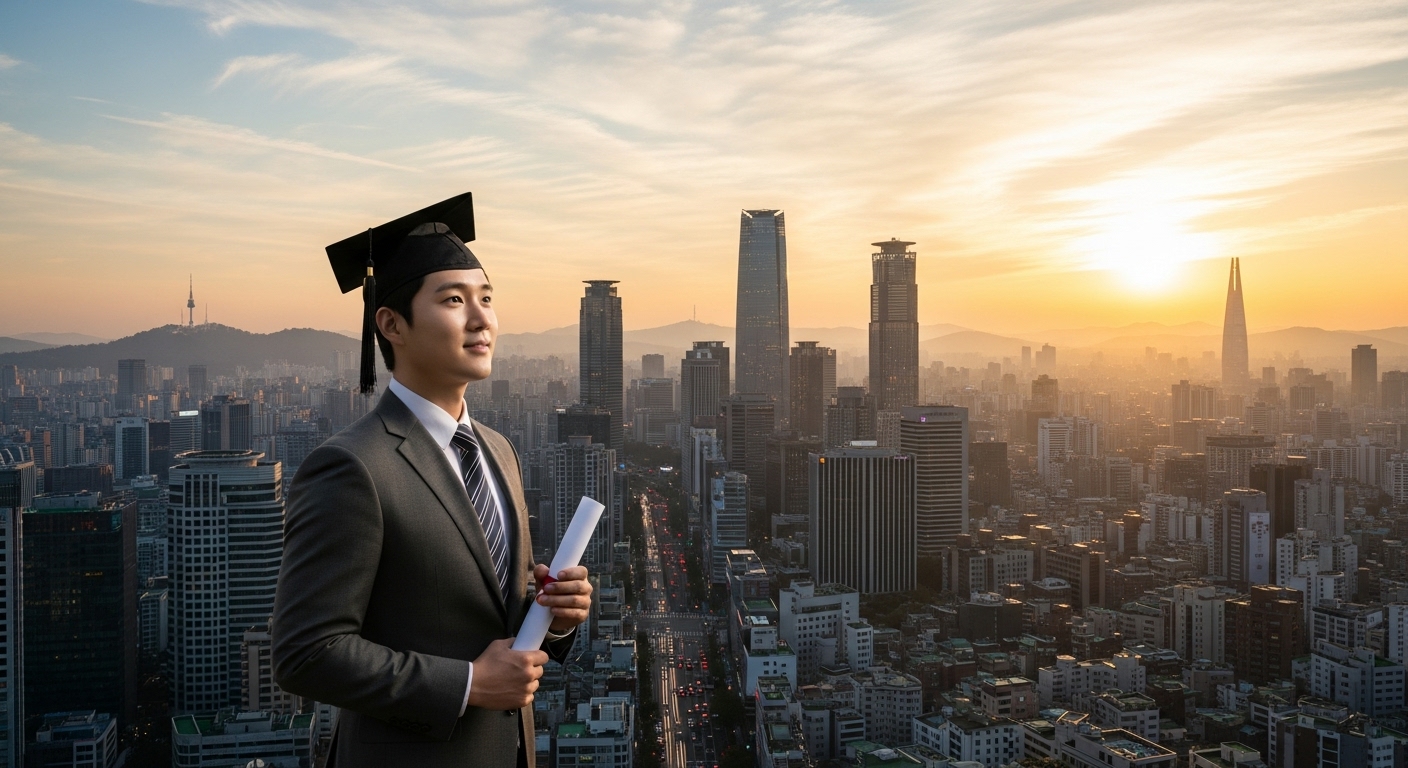 도시 스카이라인을 배경으로 기회가 많은 미래를 상징하며 자신감 있게 서 있는 졸업생