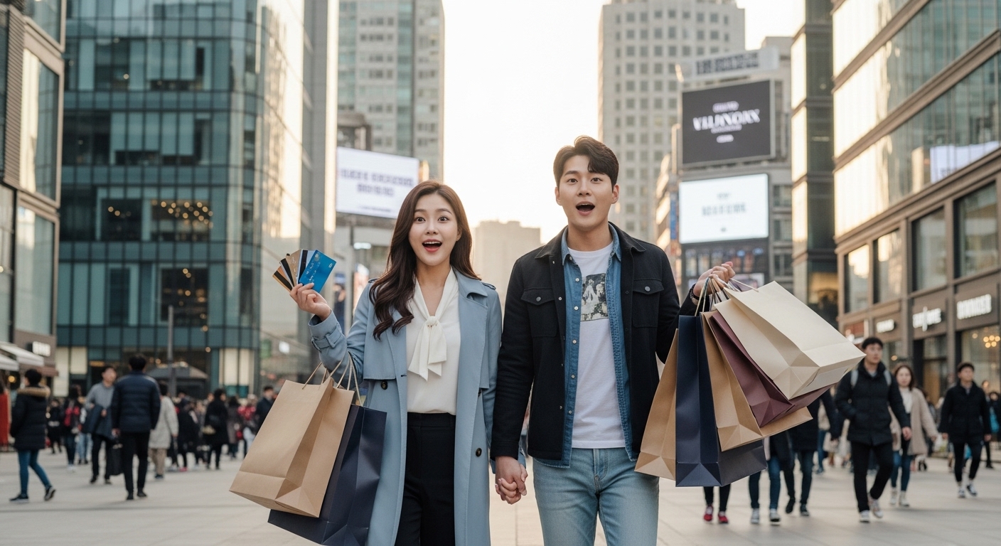 도시 중심에서 신용카드를 사용하며 쇼핑하는 젊은 커플의 놀란 모습