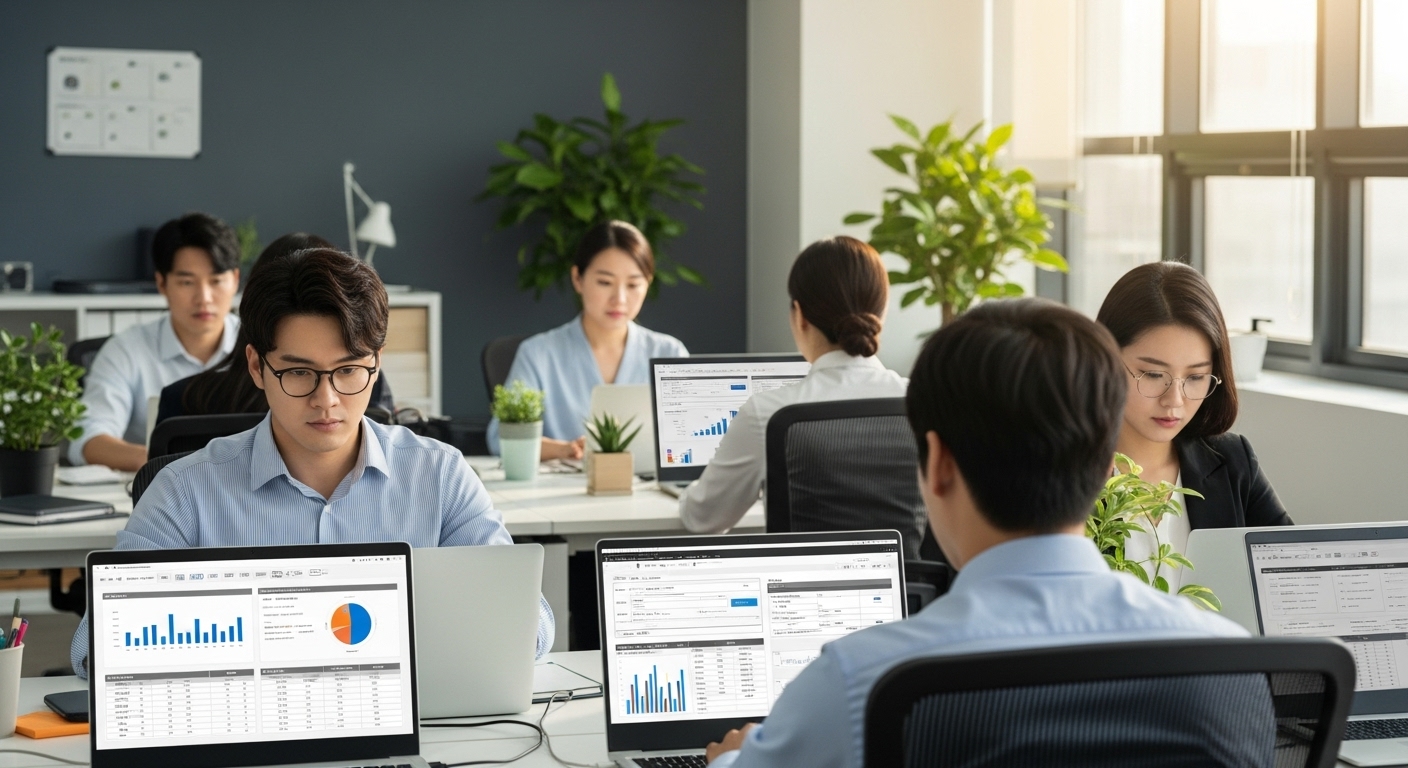 사무실에서 노트북으로 상생페이백 신청 자격을 확인하는 직장인들