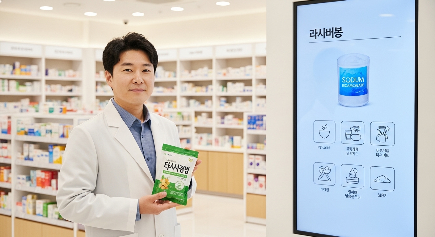 현대 약국에서 타스나정을 들고 있는 약사와 함께하는 탄산수소나트륨 정보 디스플레이