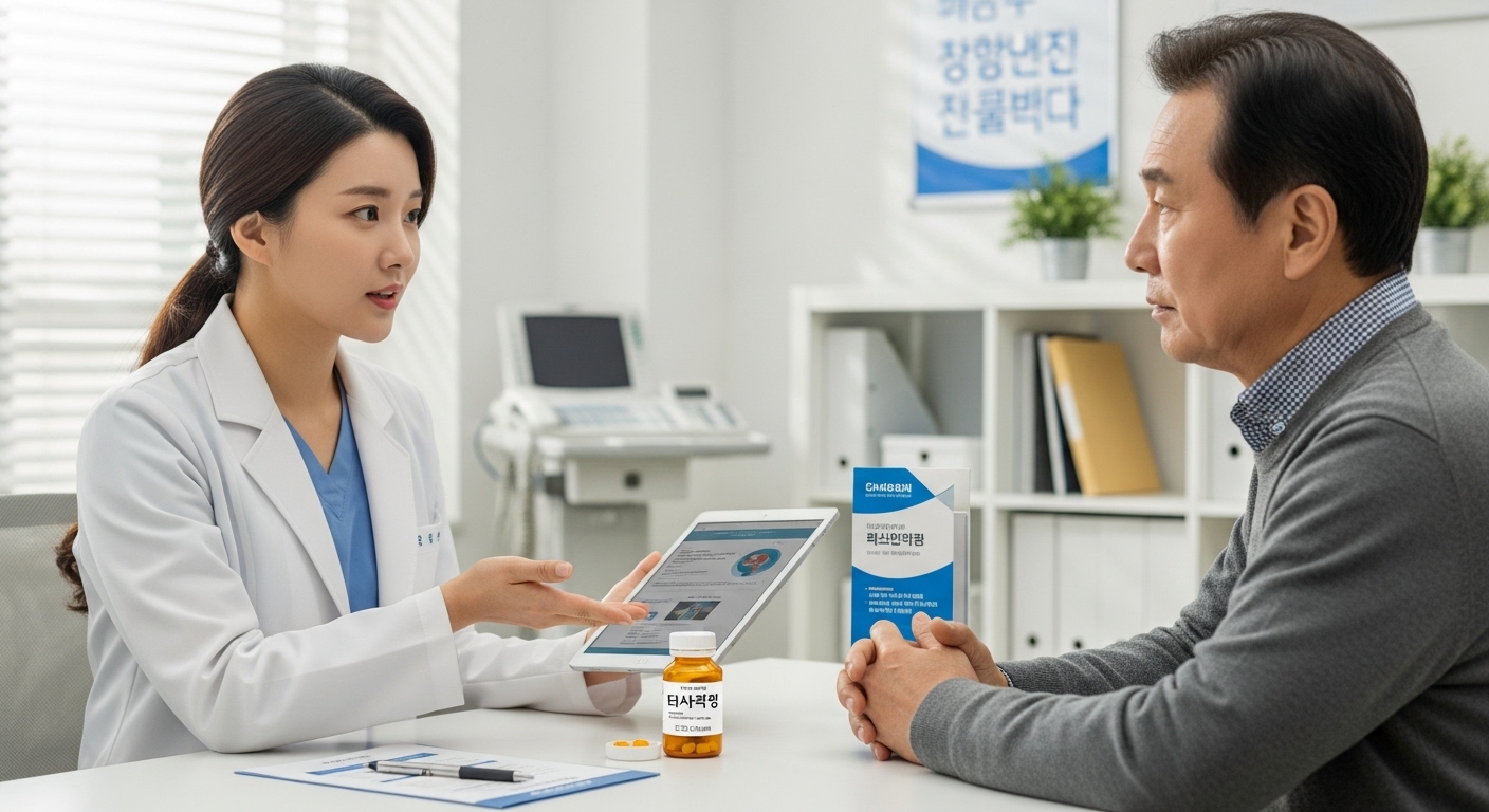 클리닉 환경에서 약물 복용 전 주의사항과 안전 사용을 위한 필수 체크 사항에 대해 상담하는 한국 의사와 환자