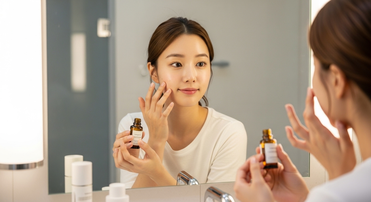 민감한 피부를 가진 젊은 여성이 거울 앞에서 소량의 세럼을 바르는 모습