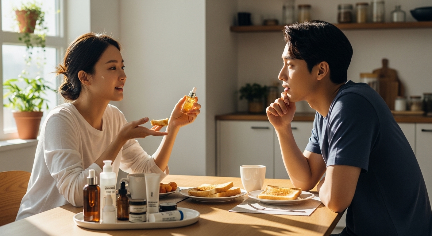 아침 햇살 속에서 커플이 스킨케어 루틴을 논의하는 장면