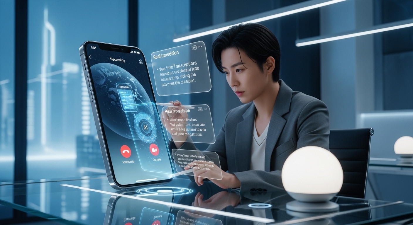 첨단 기술 환경에서 자동 통화 녹음과 AI 요약 기능을 활용하는 한국 직장인의 미래 지향적 모습