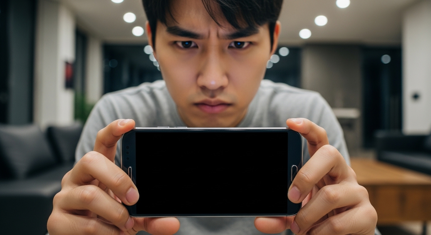 갤럭시 스마트폰을 들고 있는 사용자가 어두운 유튜브 화면에 답답해하는 모습