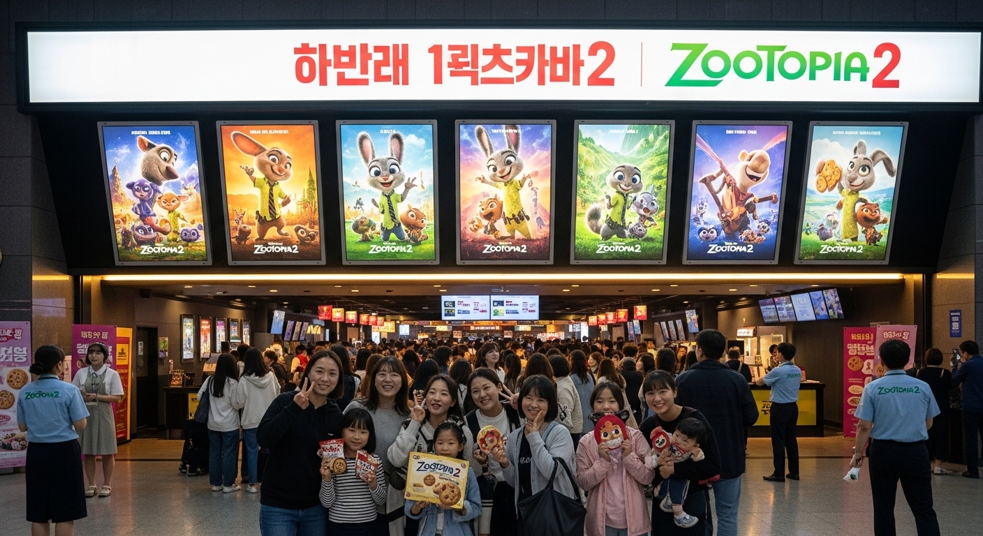 활기찬 영화관 입구에서 가족과 친구들이 홍보용 쿠키를 들고 있는 모습