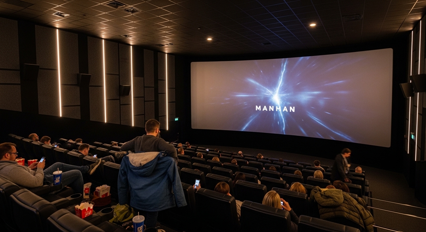 IMAX 또는 돌비 시네마에서 관람 준비 중인 관객들과 최신식 극장 내부 모습