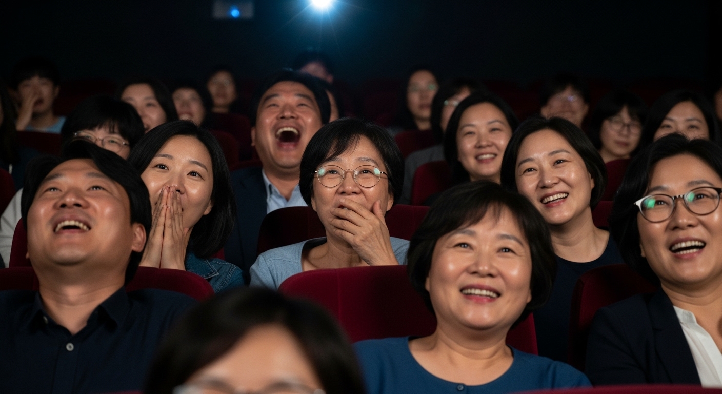 어두운 극장에서 영화를 보며 웃고 놀라는 다양한 한국 관객들의 생생한 반응