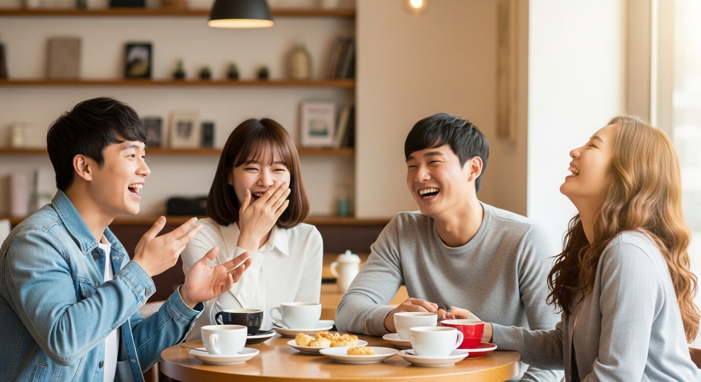 젊은 친구들이 카페에서 아재개그에 웃고 있는 모습