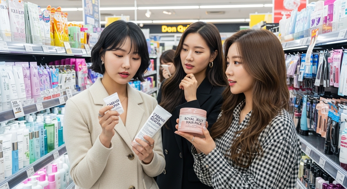 젊은 여성들이 돈키호테 뷰티 섹션에서 캐바진 알파와 로얄젤리 헤어팩을 살펴보는 모습