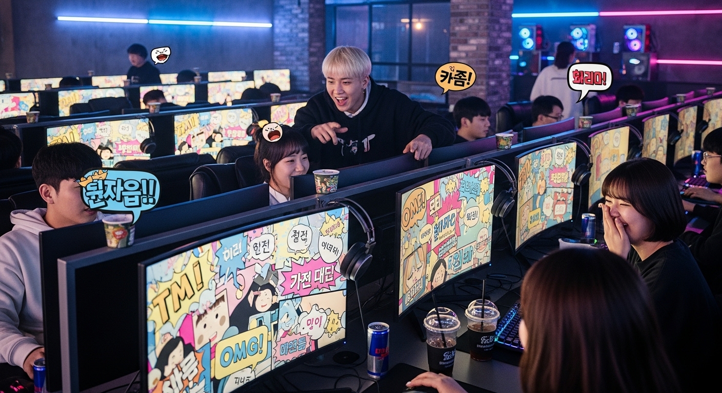 현대적인 인터넷 카페에서 디지털 화면을 통해 밈과 은어를 접하는 젊은이들
