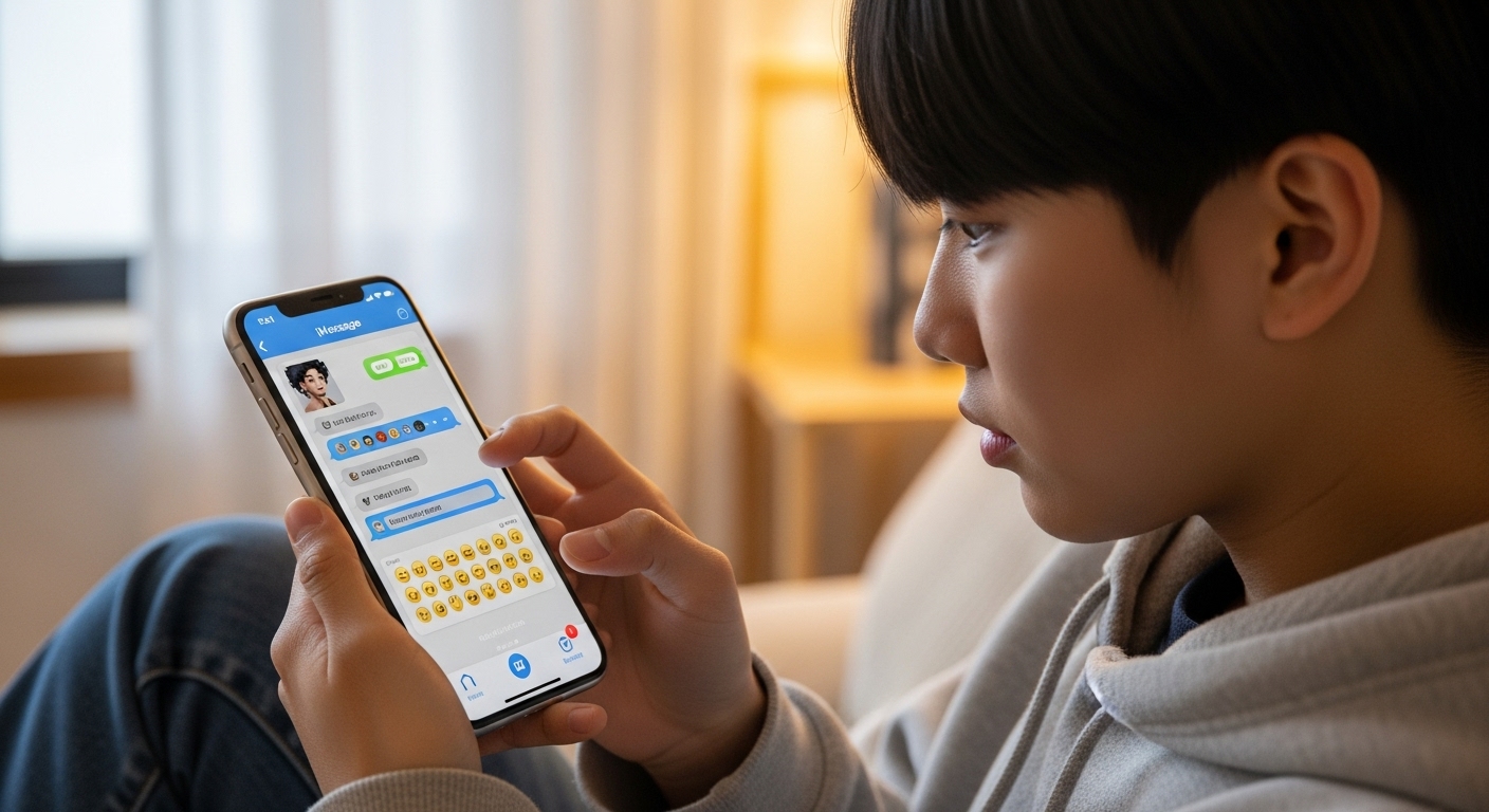 한국 청소년이 스마트폰을 레트로 아이메세지 테마로 꾸미는 모습