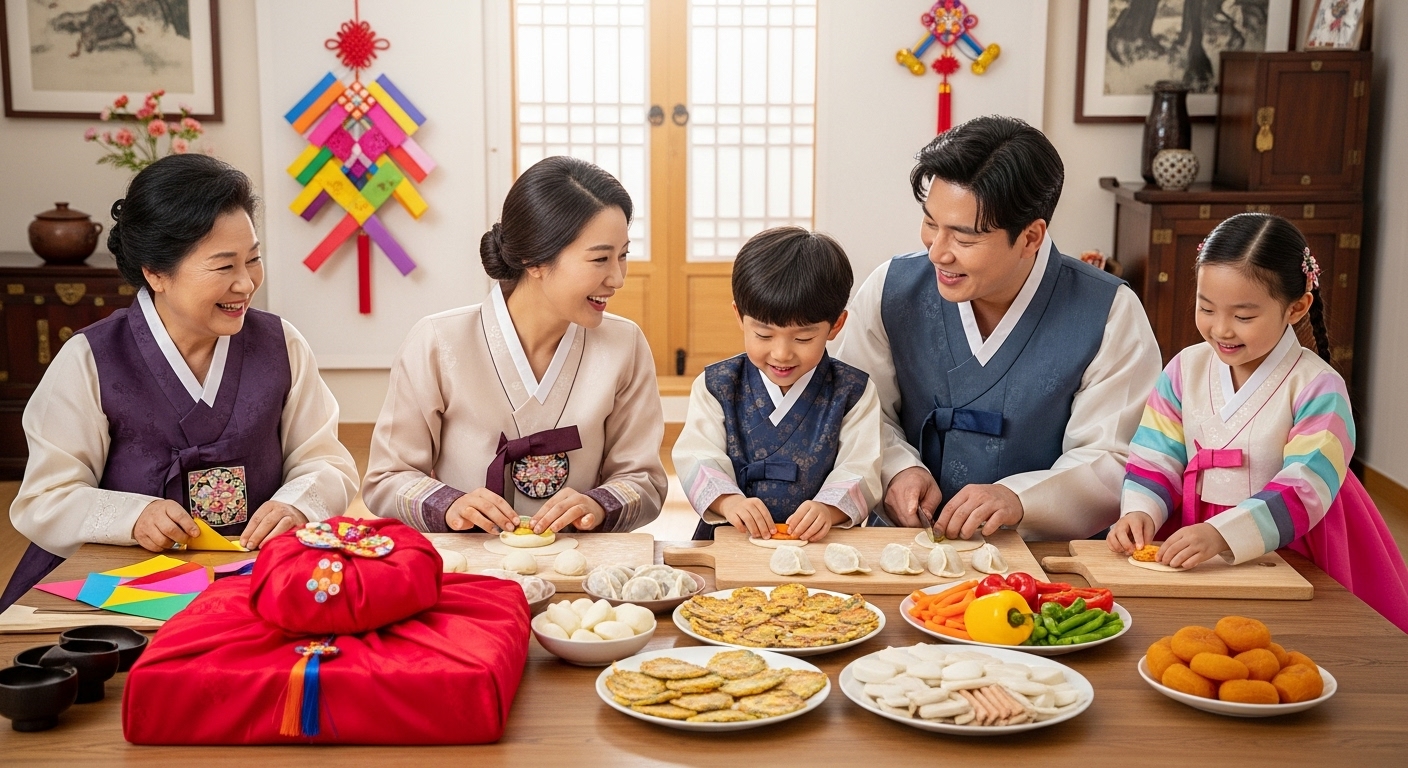 한국 가족이 설날 준비를 하는 모습