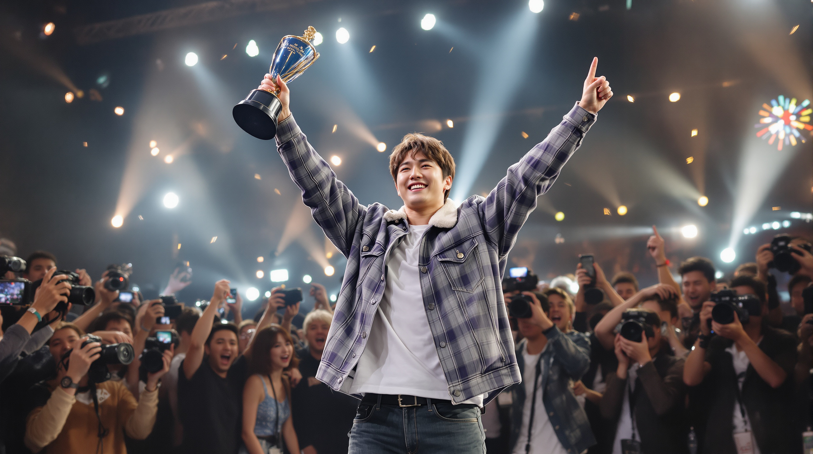 무대 위에서 트로피를 들고 승리를 축하하는 이승윤의 모습