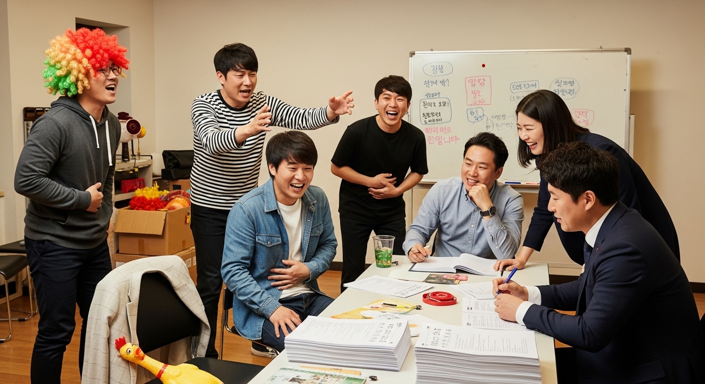 코미디 쇼 준비 중인 열정적인 한국 개그맨들